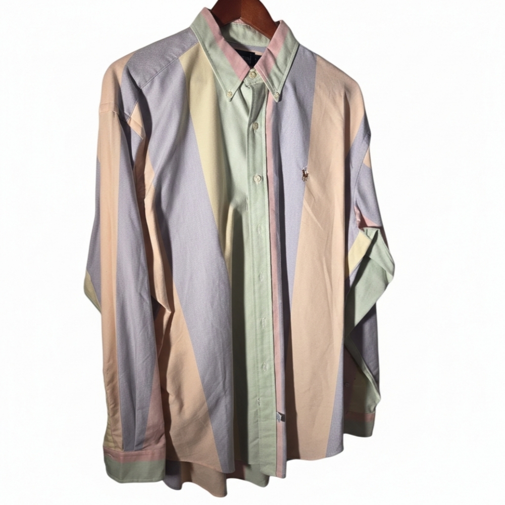 VTG 90s Ralph Lauren The Big Shirt Pastel Vertical Stripe Oxford L - Fun Shirt
